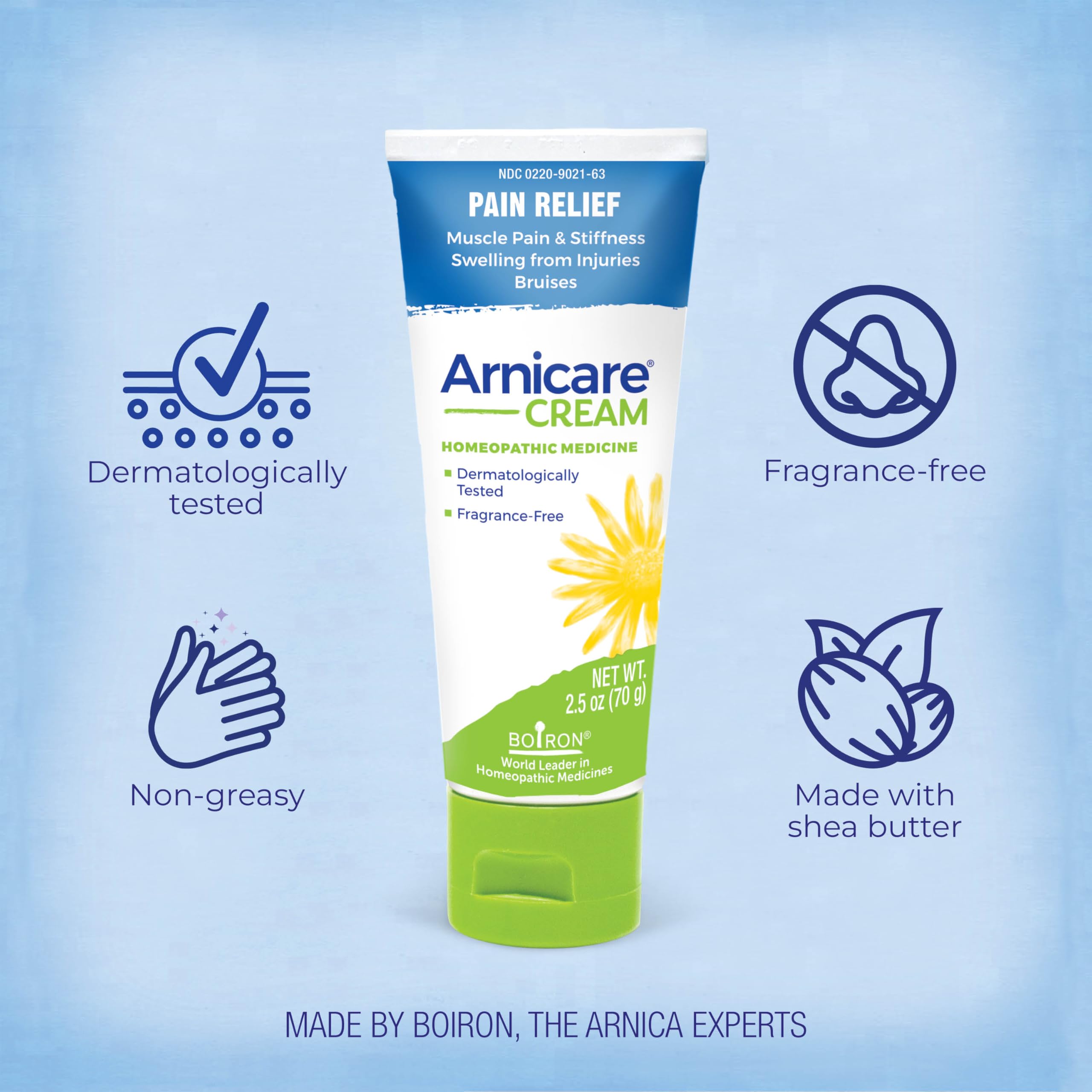 Boiron Arnicare Cream application on hand demonstrates easy rub-in for targeted soreness.