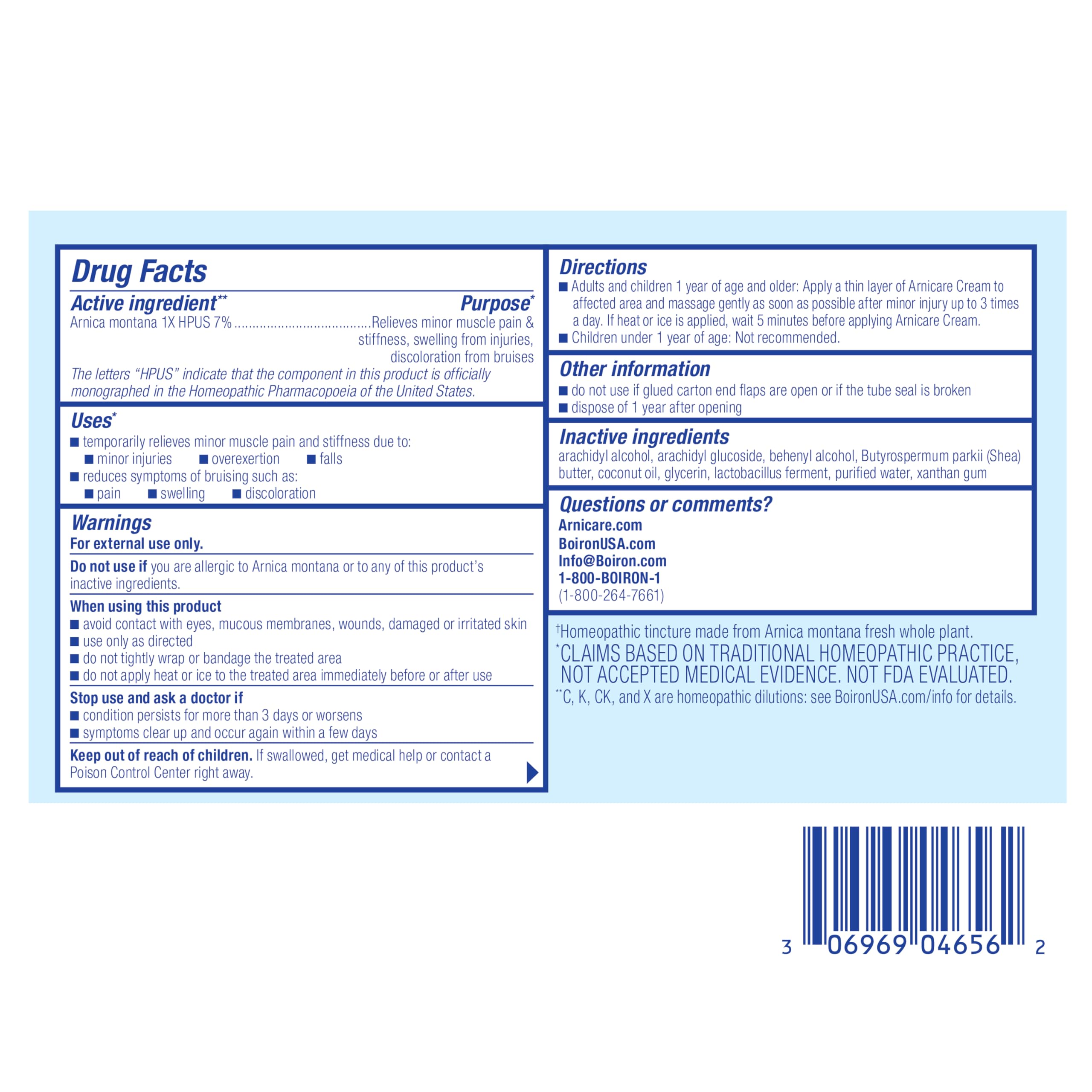 Boiron Arnicare Cream bruise discoloration aid helps gentle recovery from impact.