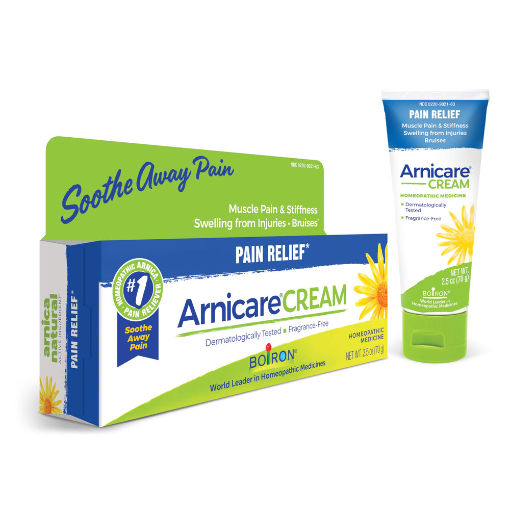 Boiron Arnicare Cream tube front shows fragrance-free topical relief for minor muscle discomfort.