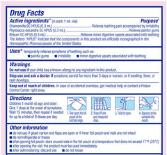 Label showing benzocaine-free, preservatives-free, sugar-free