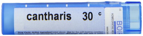 Close-up of Cantharis 30C bottle label and packaging