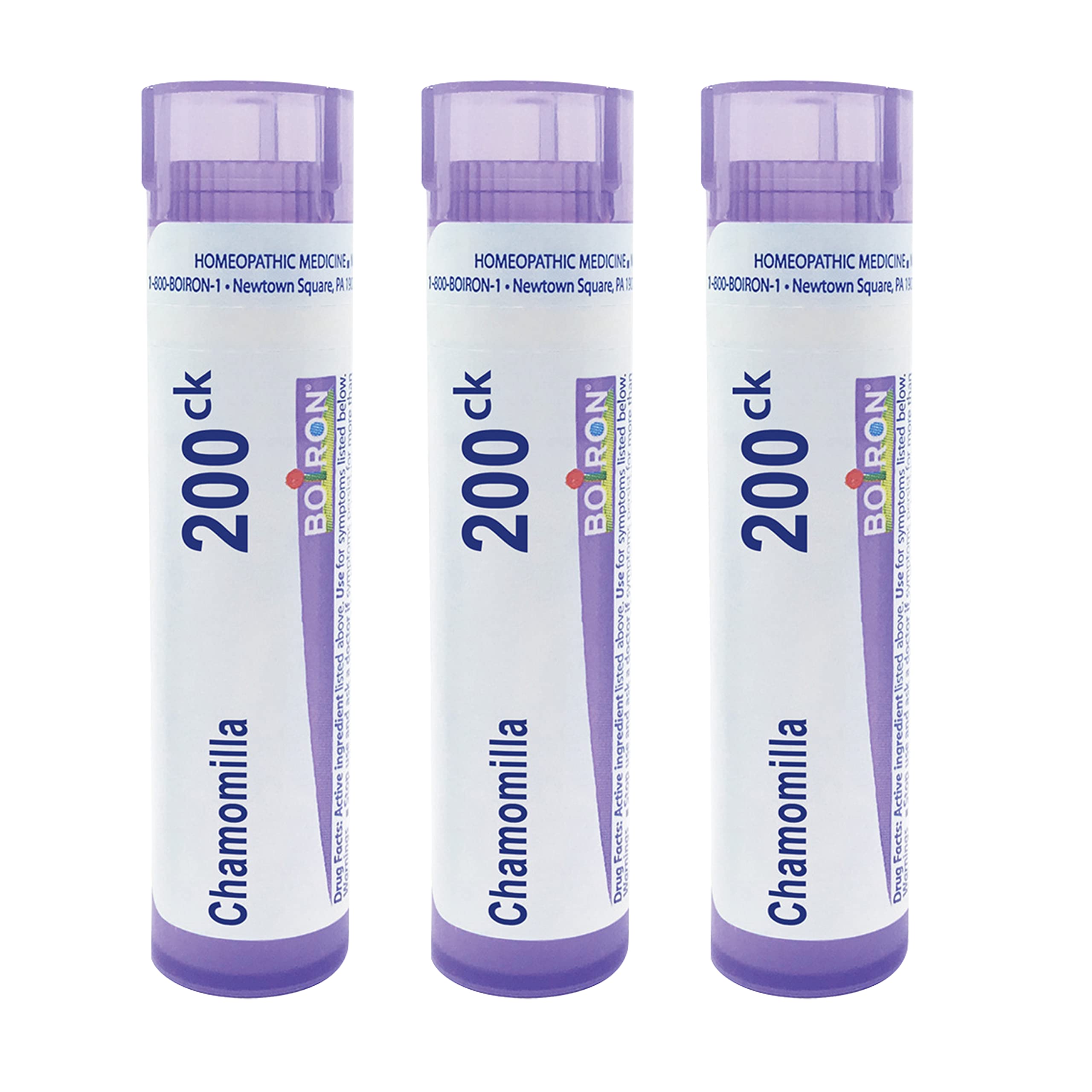 Front view of Boiron Chamomilla 200Ck pack of 3 with 240 pellets