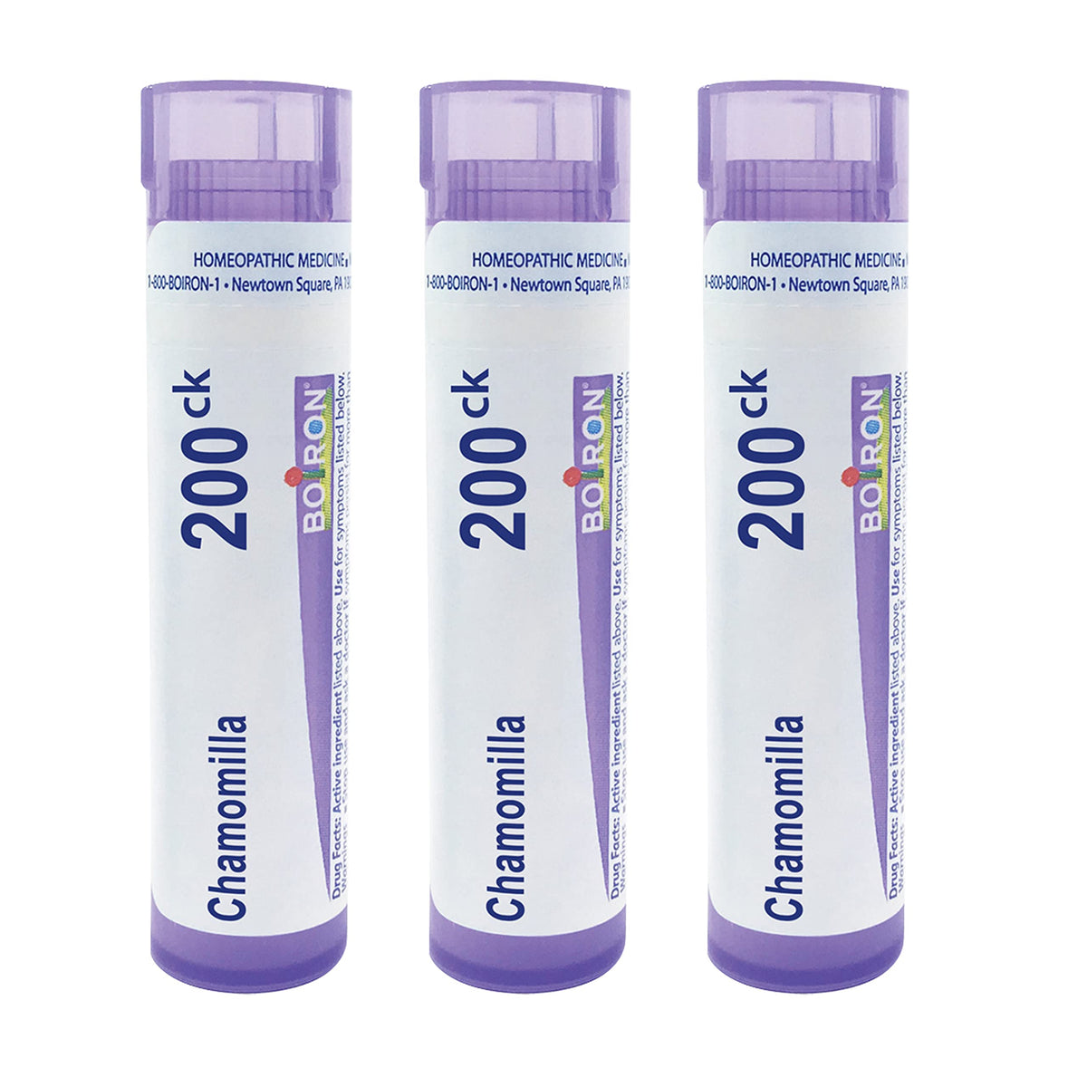 Front view of Boiron Chamomilla 200Ck pack of 3 with 240 pellets