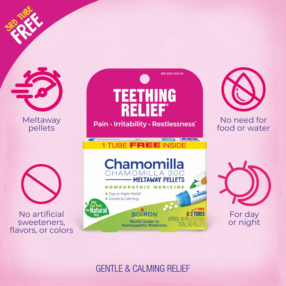 Label highlights no NSAIDs and no artificial ingredients in Chamomilla 30C.