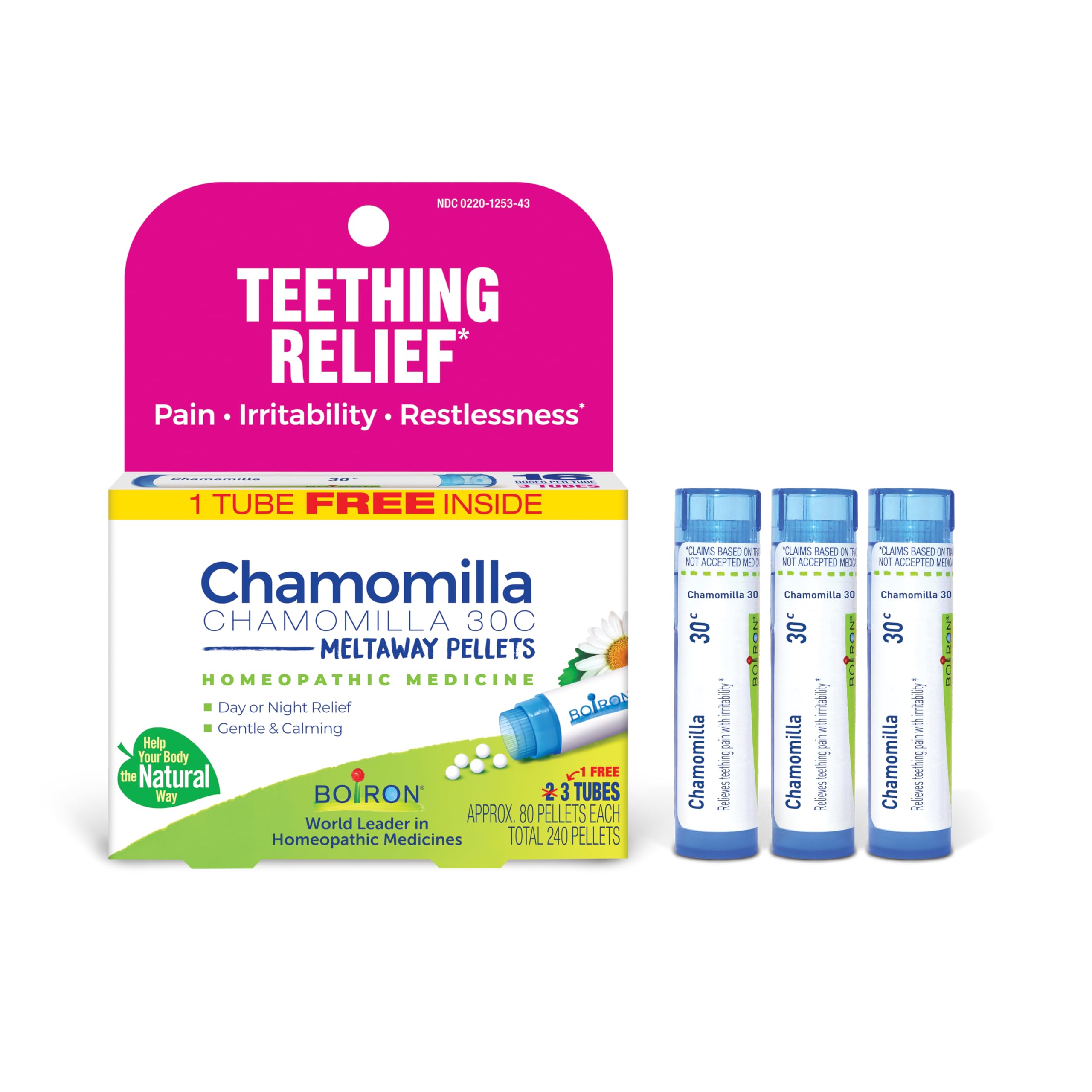 Boiron Chamomilla 30C teething relief pellets (240 doses).