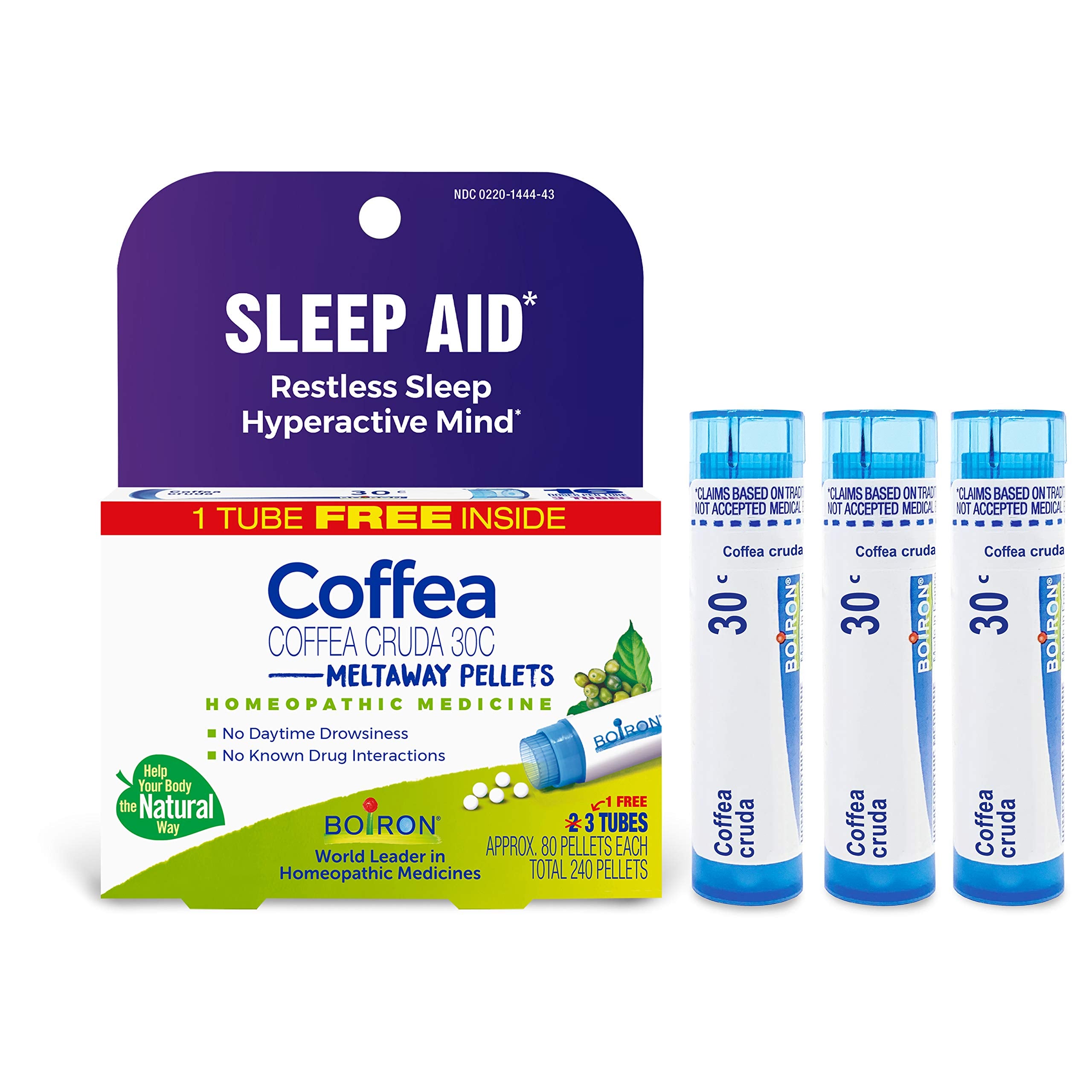 Boiron Coffea Cruda 30C sleep aid packaging with 3 dispensing tubes and 240 pellets