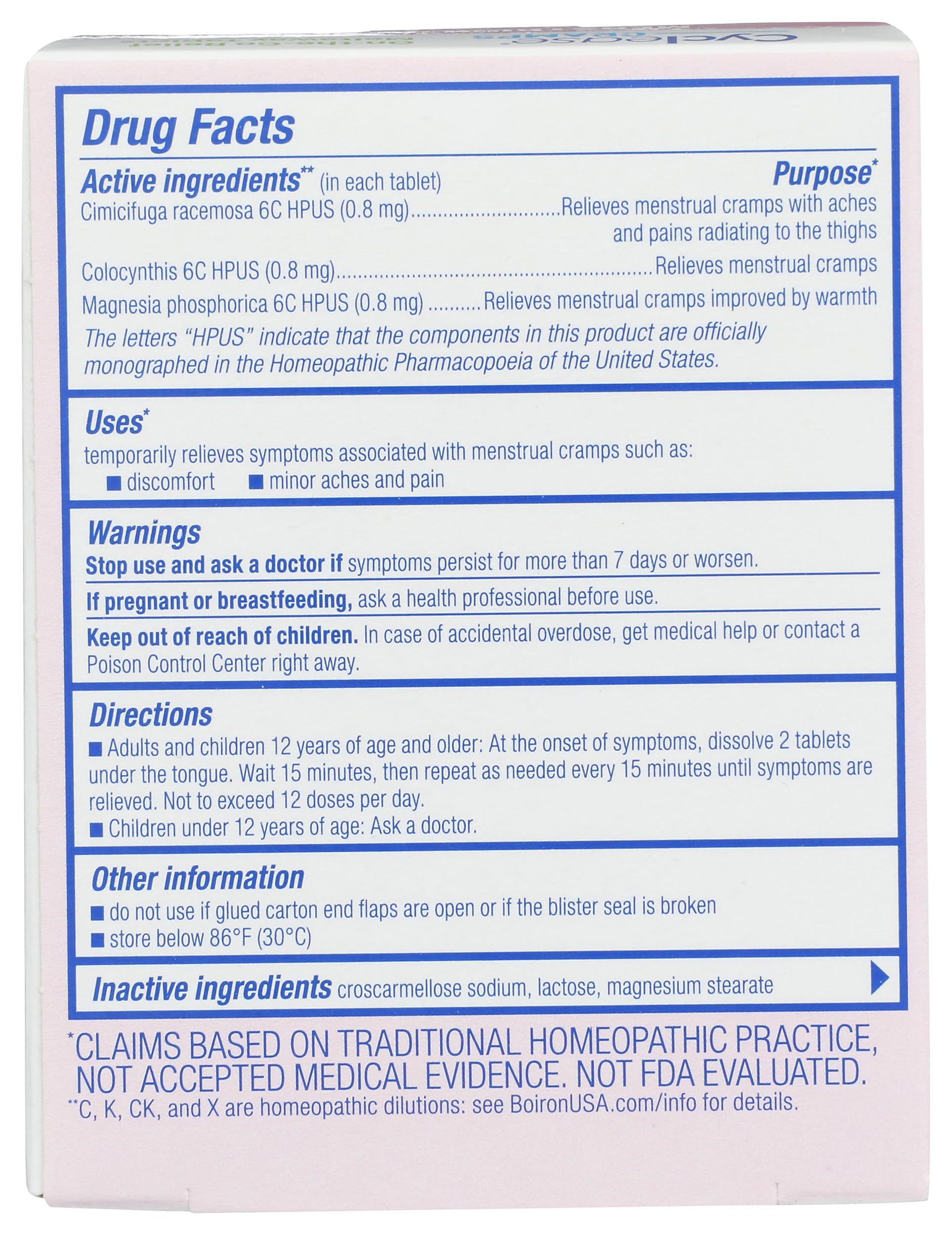 Boiron Cyclease Cramp Tablets packaging close-up