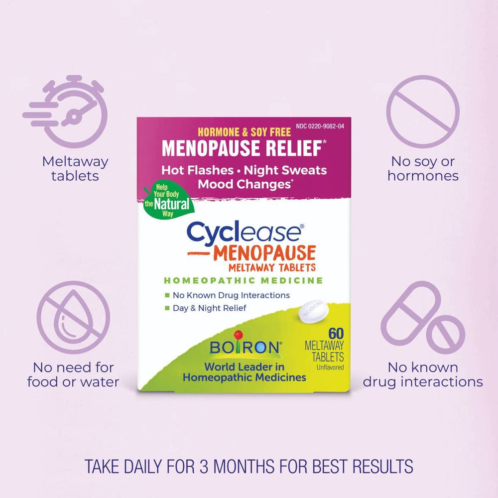 Boiron Cyclease meltaway tablets dissolving on tongue for convenient daily dosing.