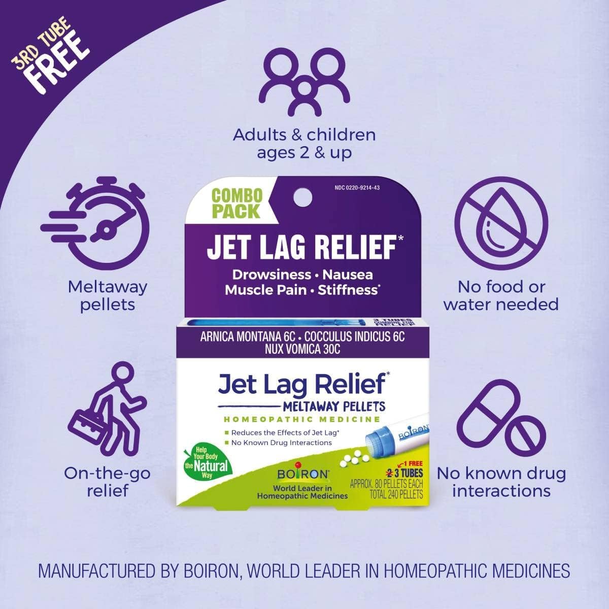 Three tubes of homeopathic pellets for jet lag relief