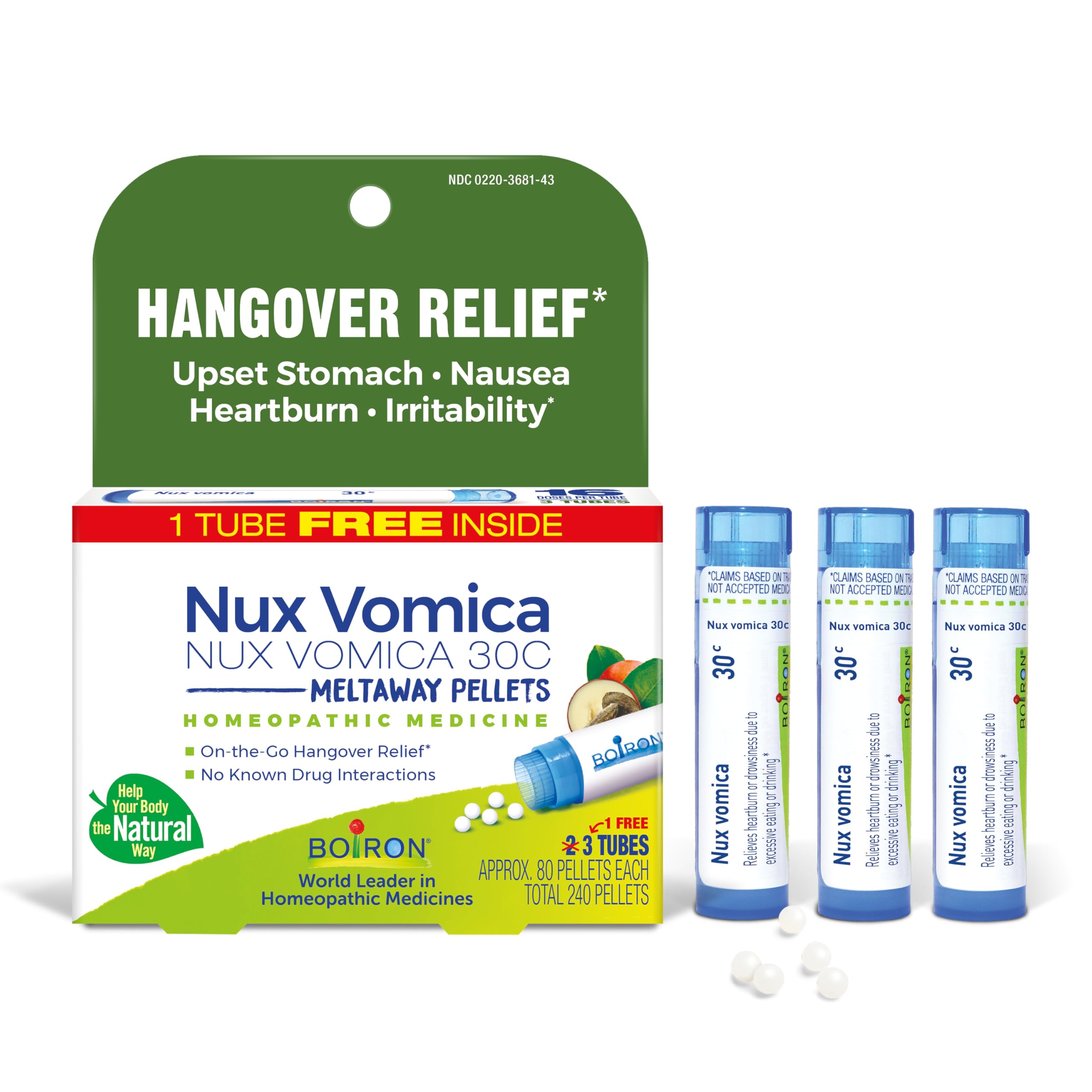 Front view of Boiron Nux Vomica 30C hangover relief packaging with 3-count and 240 pellets