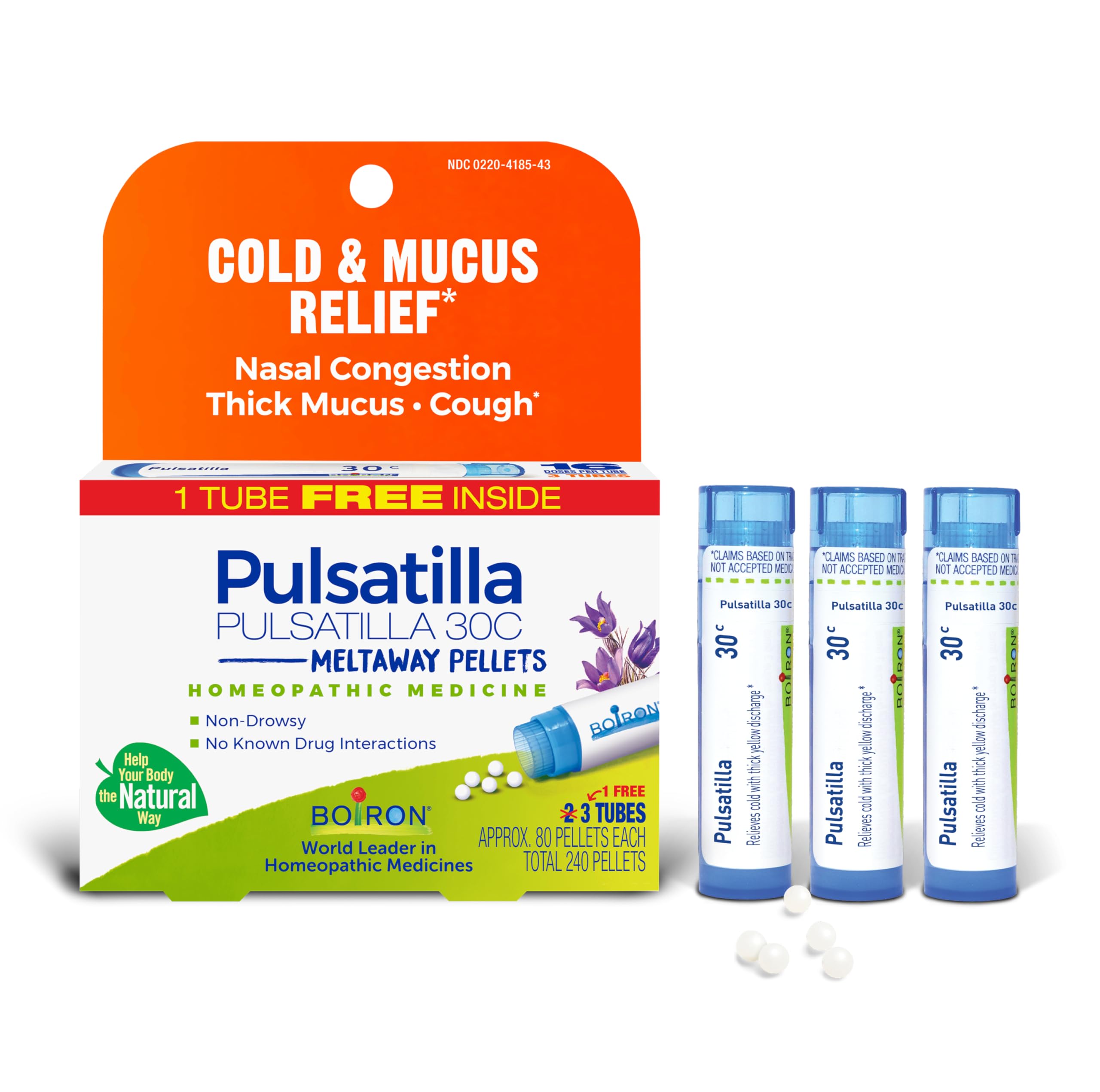 Three-tube Boiron Pulsatilla 30C pellets packaging with 240 pellets