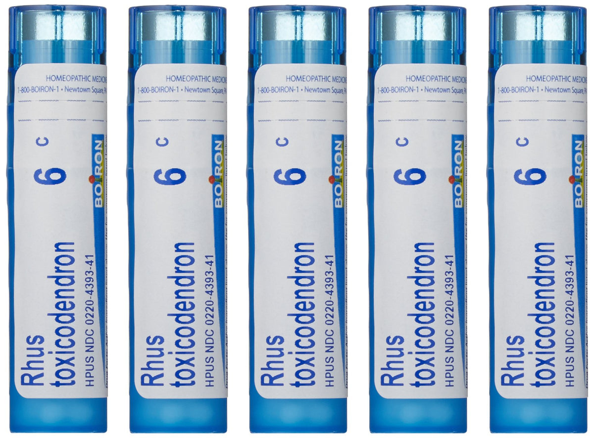 Boiron Rhus Toxicodendron 6C homeopathic remedy box with 5-pack of pellet tubes