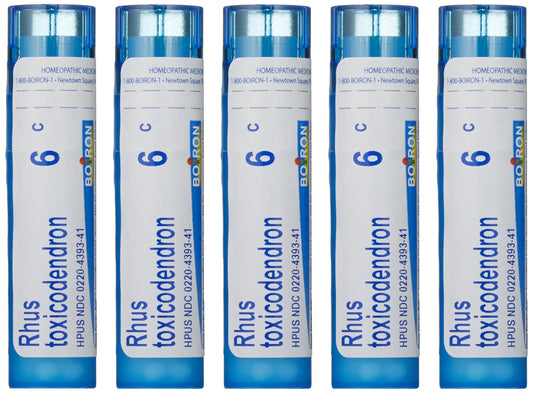Boiron Rhus Toxicodendron 6C homeopathic remedy box with 5-pack of pellet tubes