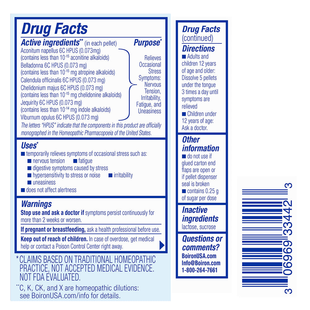 Back view of Boiron StressCalm On The Go packaging