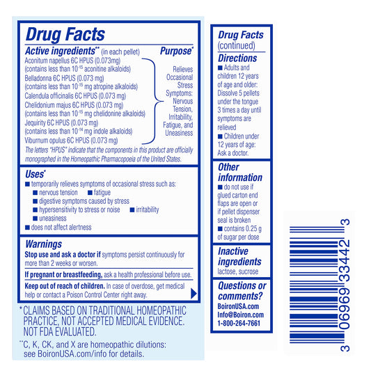 Back view of Boiron StressCalm On The Go packaging