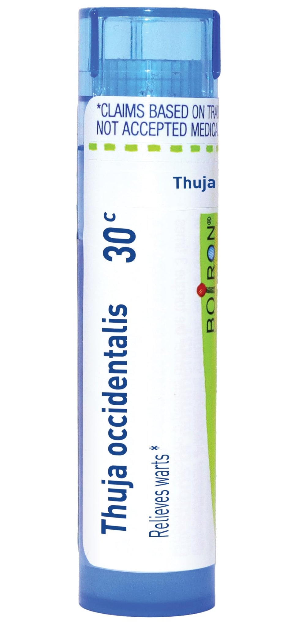 Boiron Thuja Occidentalis pellets in a tube for portable wart relief.