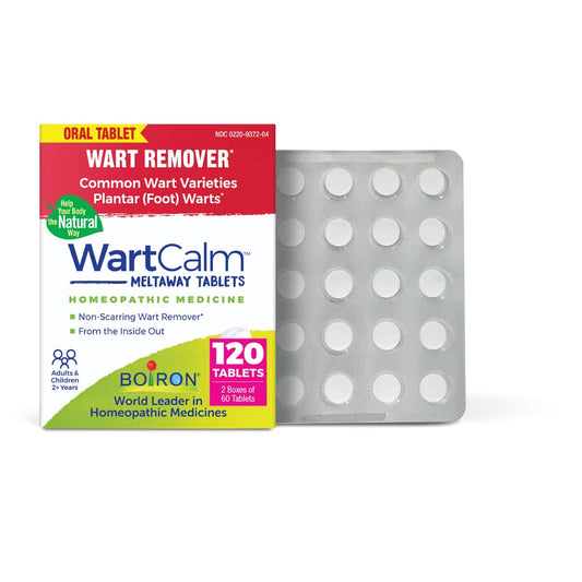 Boiron WartCalm box front showing discreet, family-friendly wart relief packaging.