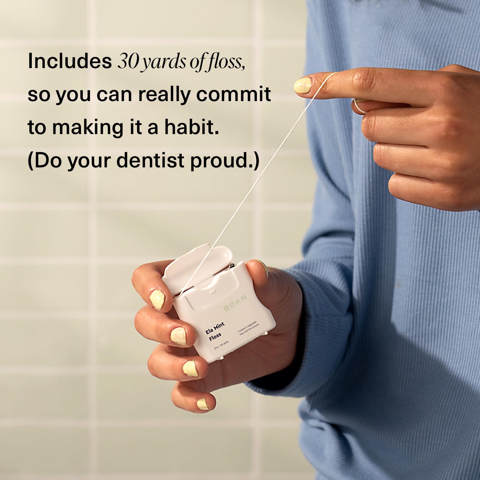 Single-pack packaging of Boka Ela Mint dental floss