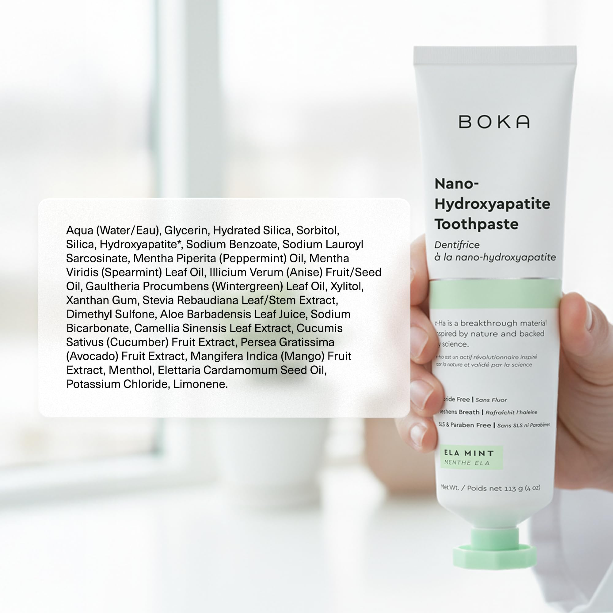 Enamel care feature on Boka nano-hydroxyapatite toothpaste packaging