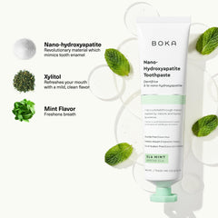 Fluoride-free toothpaste packaging highlighting Ela Mint flavor