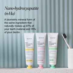 Close-up of enamel care using nano-hydroxyapatite toothpaste