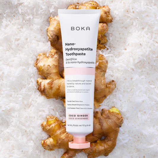Close-up of Boka toothpaste tube highlighting nano-hydroxyapatite formula