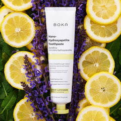 Close-up of toothpaste tube with lemon lavender flavor