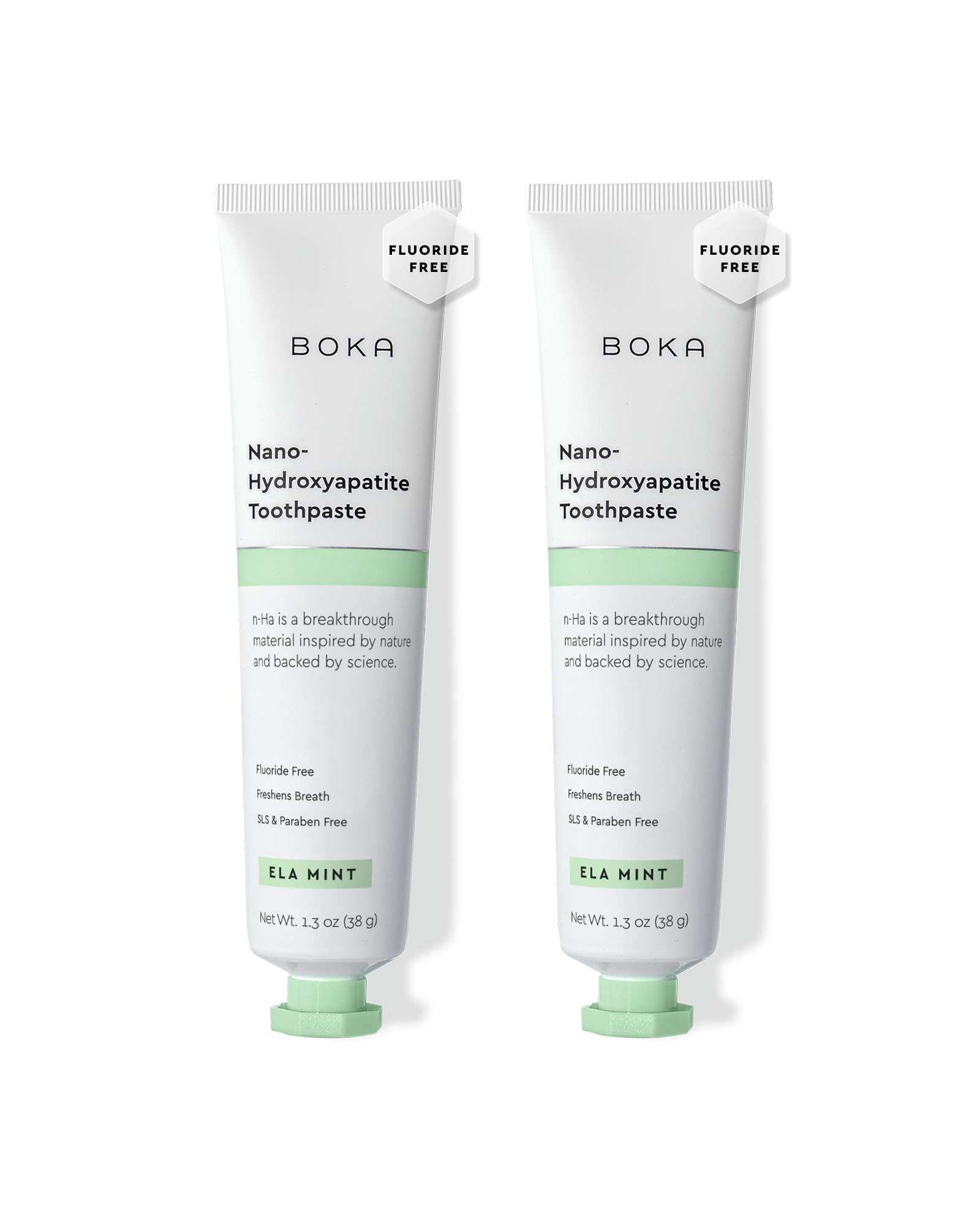 Boka fluoride-free toothpaste with Ela Mint flavor on a white background