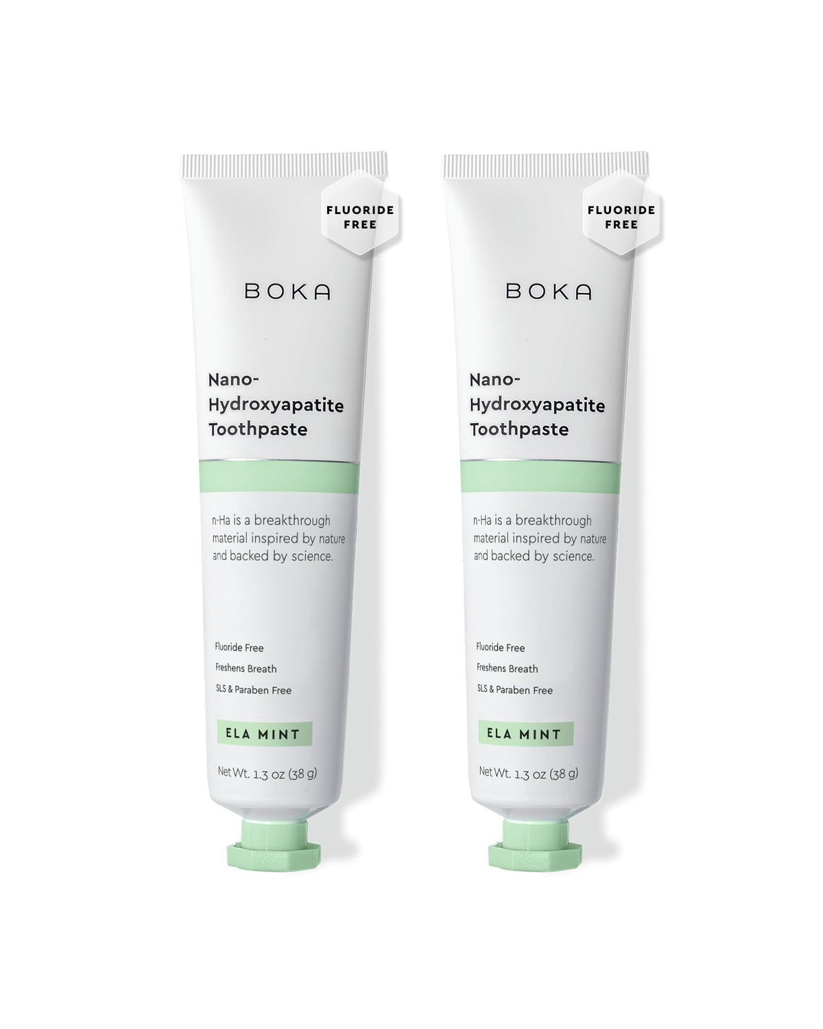 Boka fluoride-free toothpaste with Ela Mint flavor on a white background