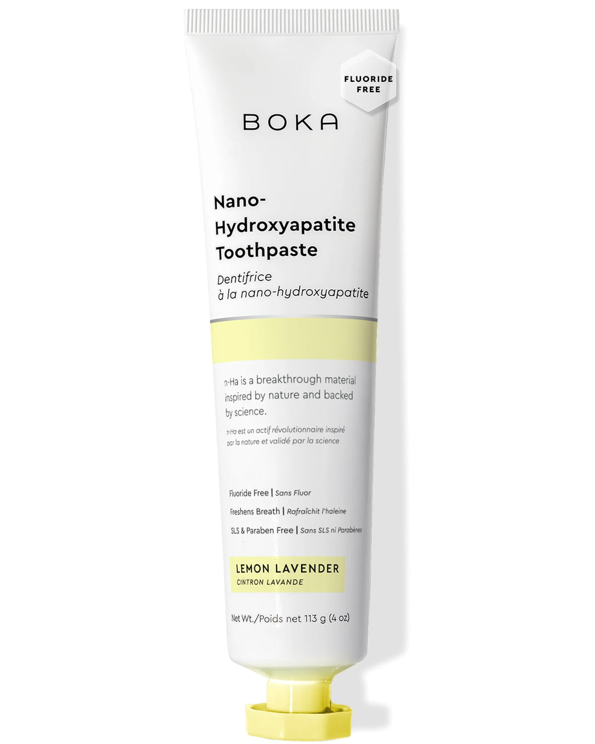 Boka fluoride-free toothpaste tube with lemon lavender flavor and nano-hydroxyapatite