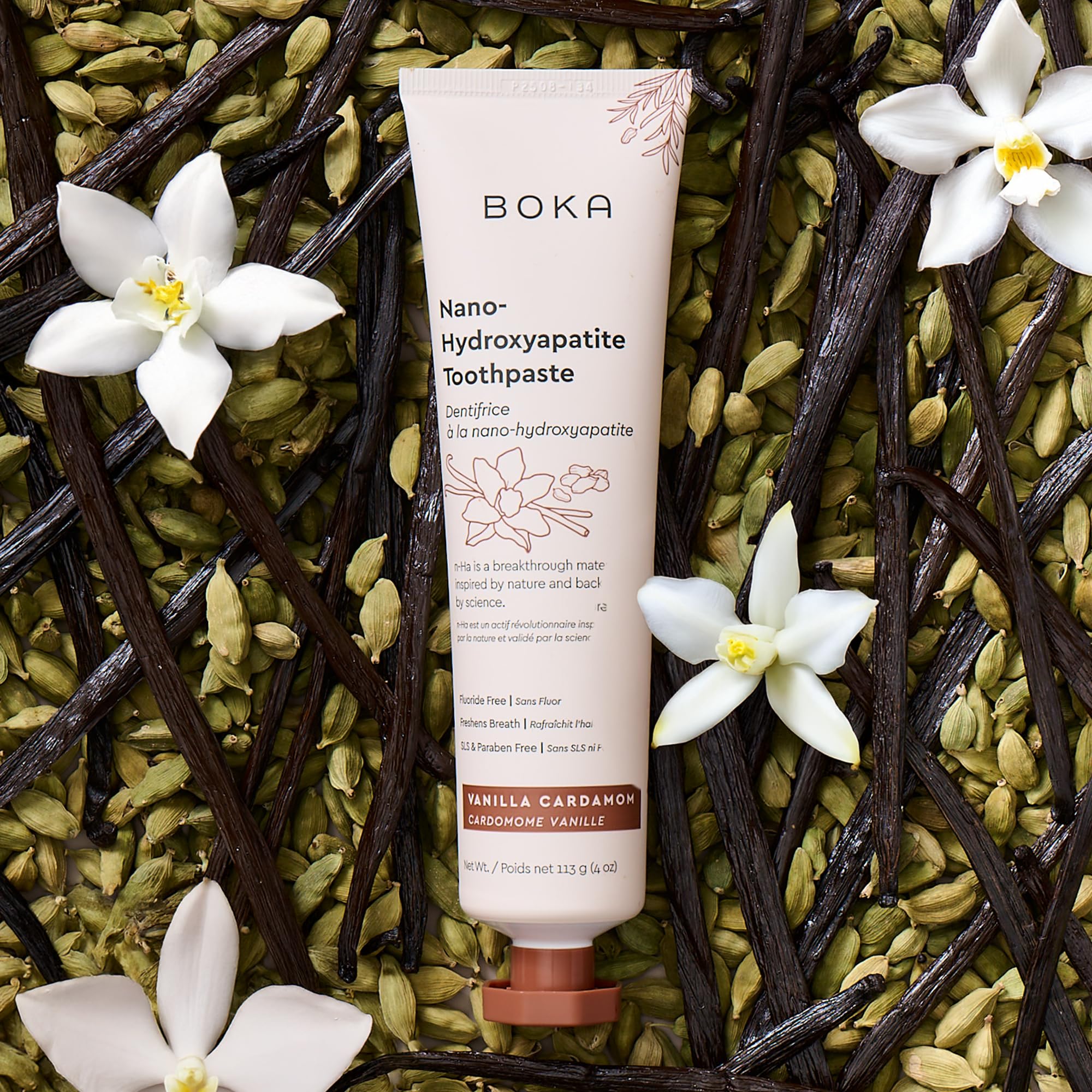Packaging box and tube of Boka Vanilla Cardamom toothpaste