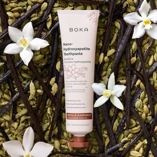 Packaging box and tube of Boka Vanilla Cardamom toothpaste