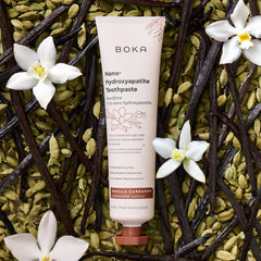 Packaging box and tube of Boka Vanilla Cardamom toothpaste