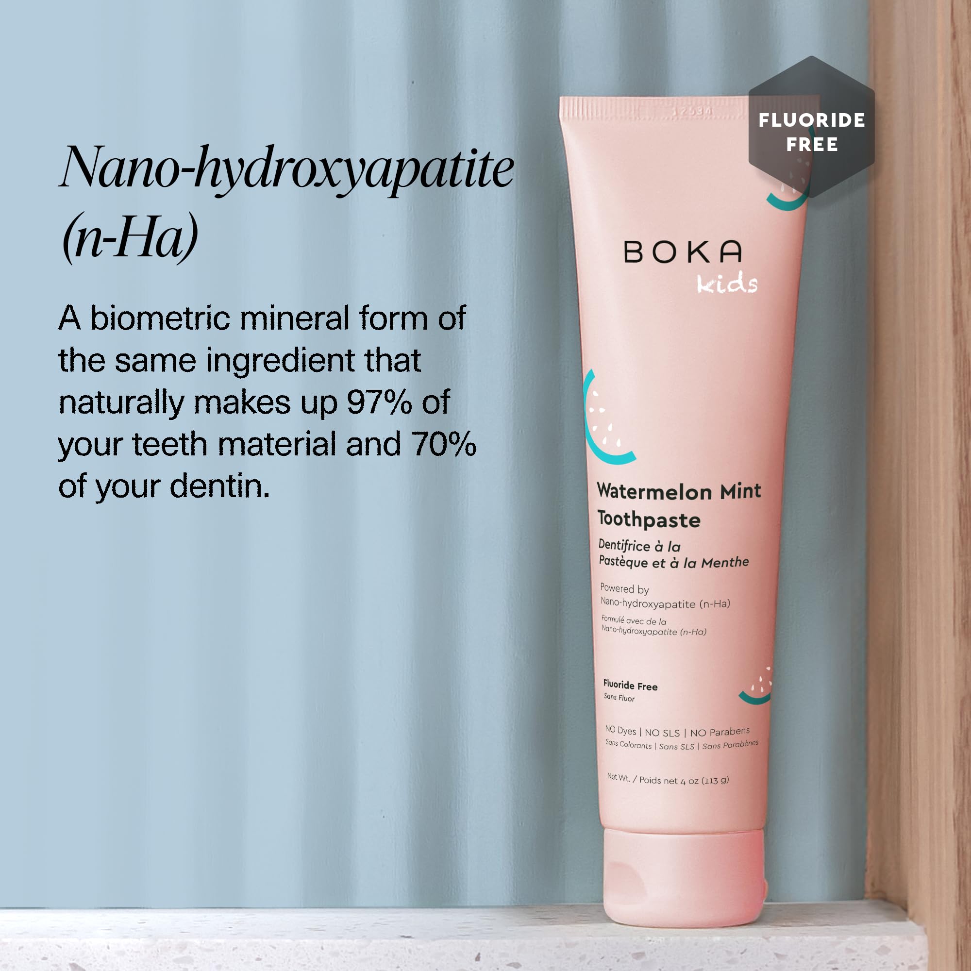 Child brushing teeth with Boka Watermelon Mint toothpaste