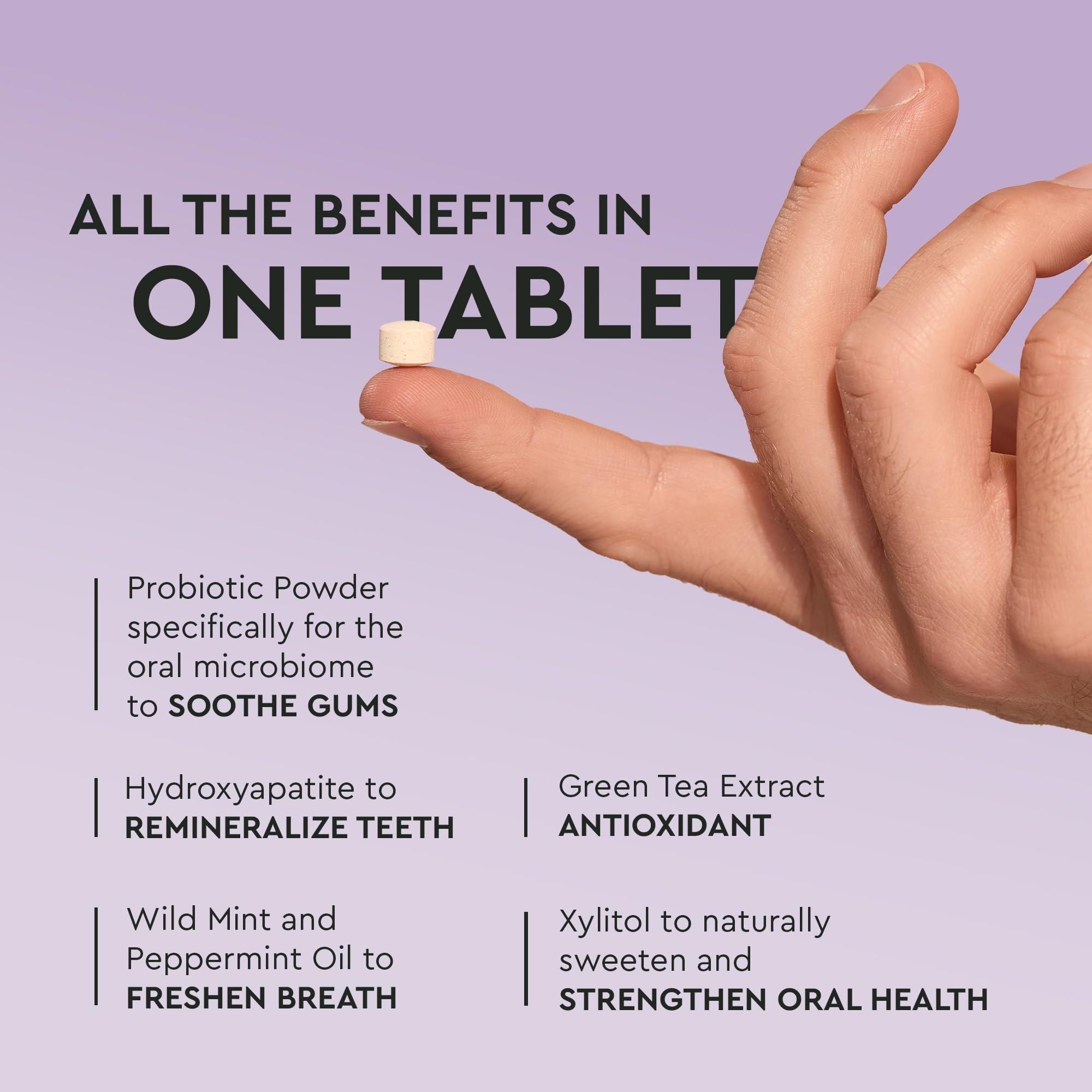 Close-up of mint flavored hydroxyapatite mouthwash tablets