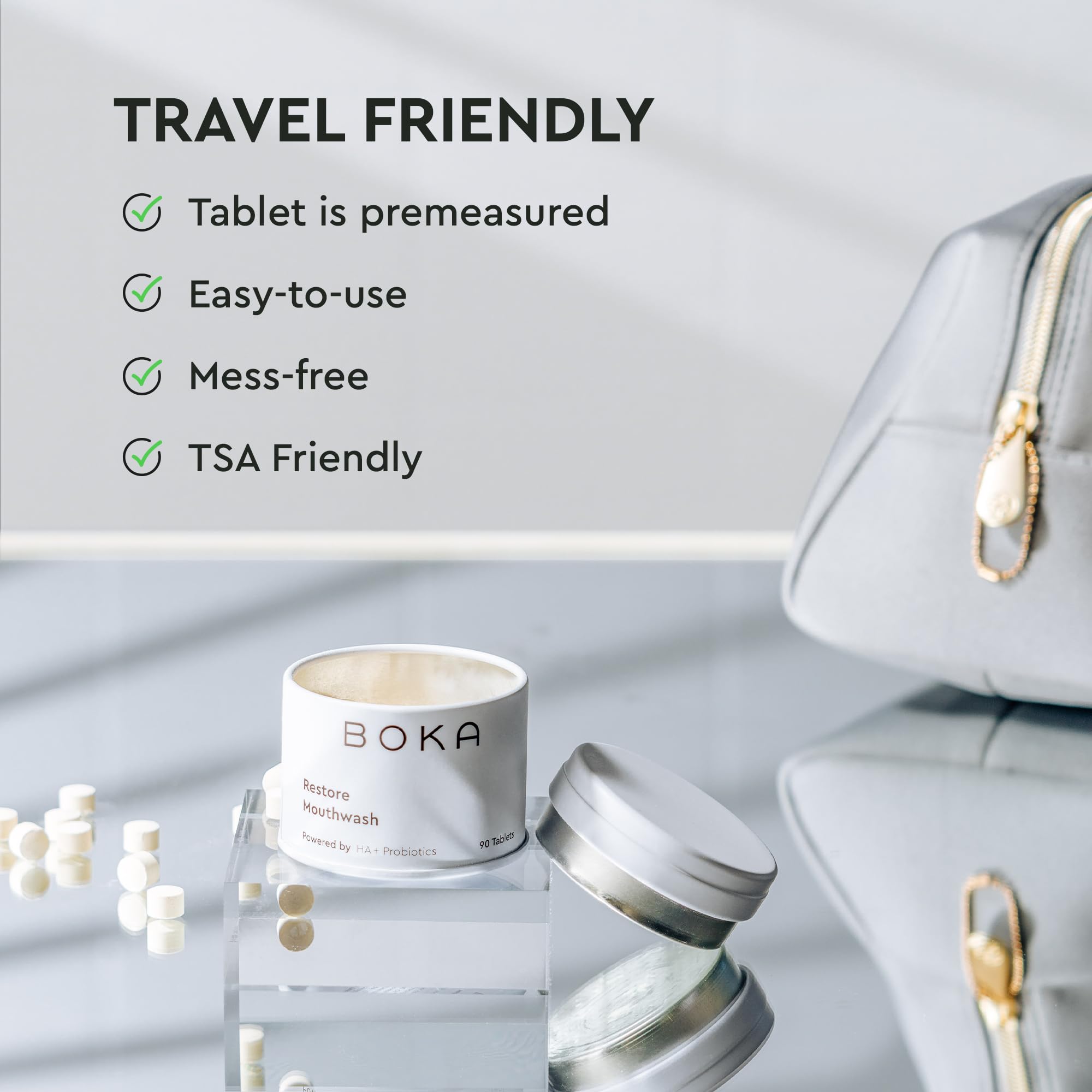 Eco-friendly travel packaging for Boka mouthwash tablets