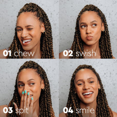 Usage steps: chew, swish, spit, smile