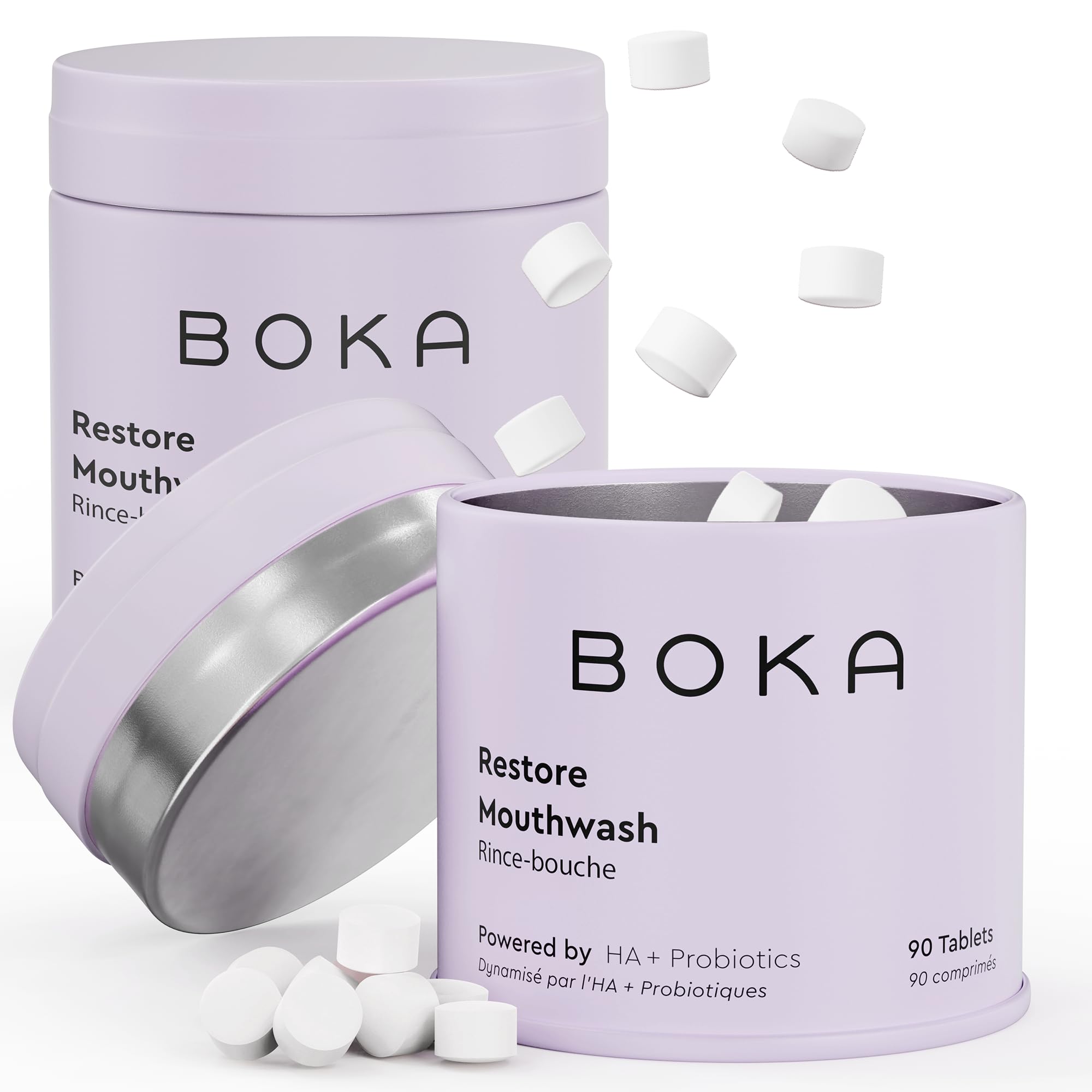 Front view of Boka mint mouthwash tablets in packaging