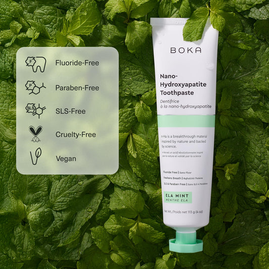 Close-up of Boka nano-hydroxyapatite toothpaste tube with Ela Mint label