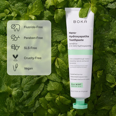Close-up of Boka nano-hydroxyapatite toothpaste tube with Ela Mint label