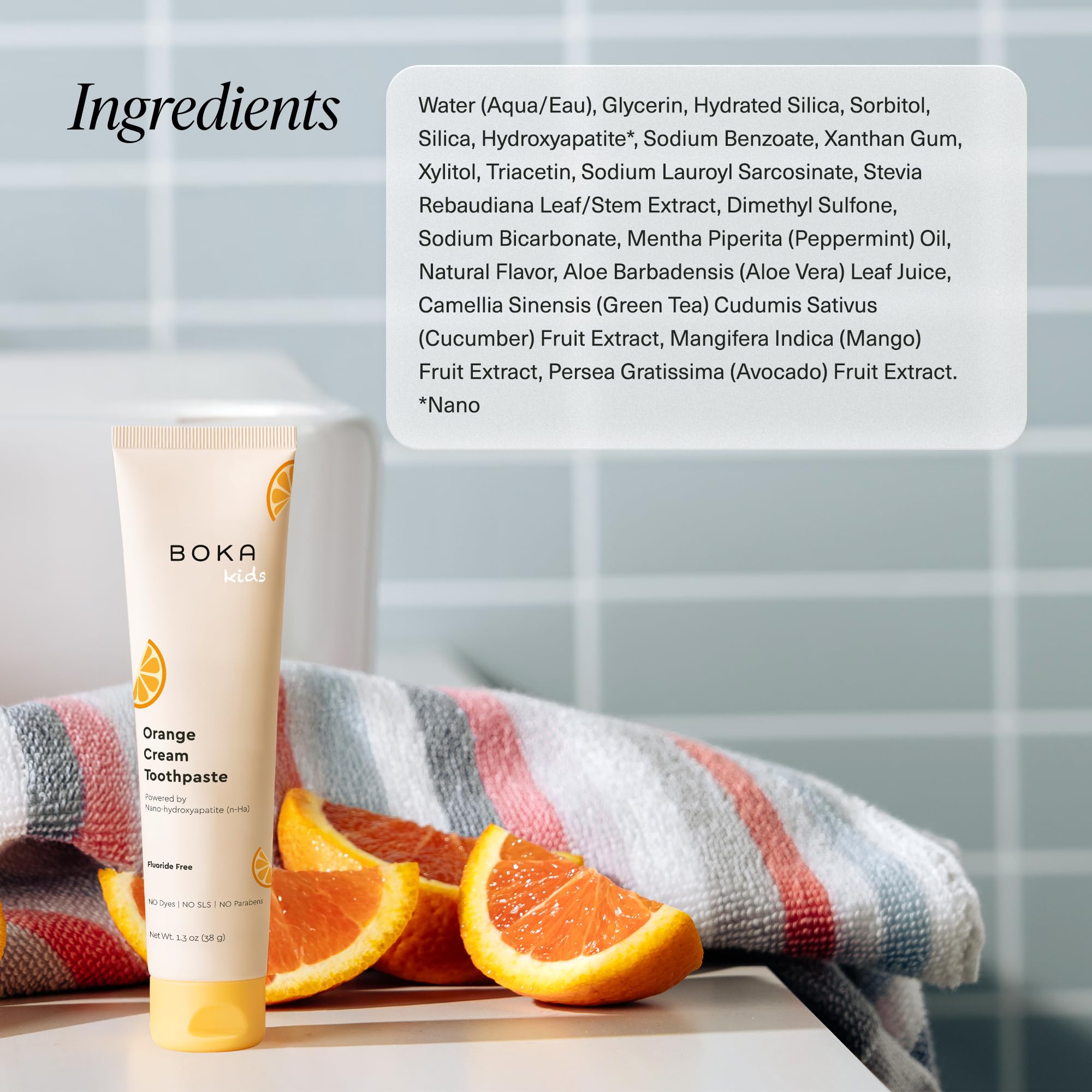 Close-up of orange vanilla flavor swirl on Boka toothpaste