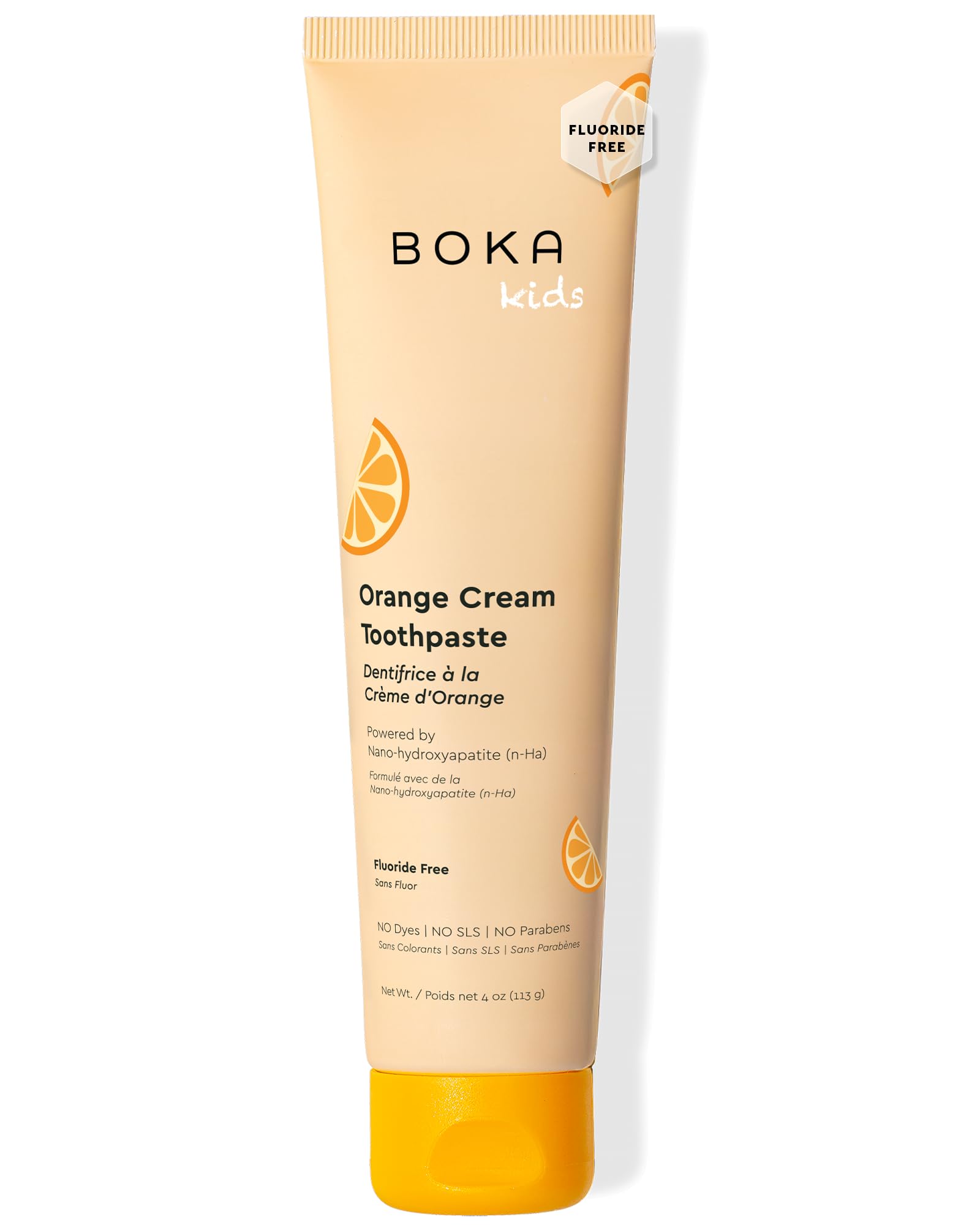 Orange cream toothpaste bottle and packaging for kids