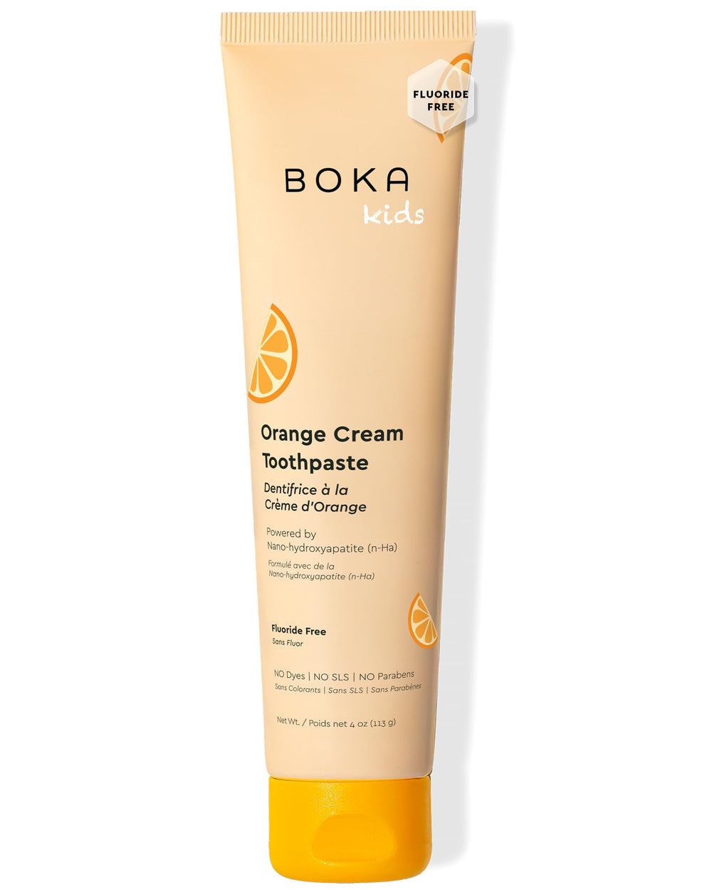 Orange cream toothpaste bottle and packaging for kids