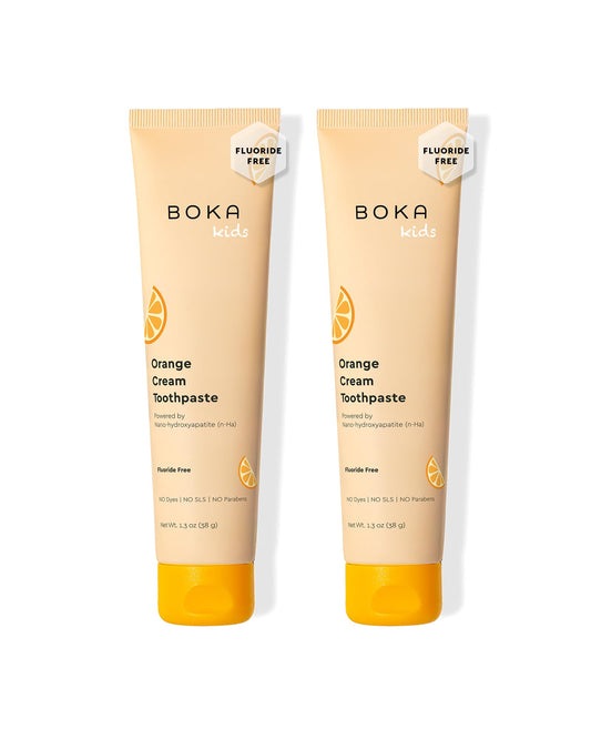 Boka Orange Cream fluoride-free toothpaste packaging and tube (1.3 oz) – 2 pack