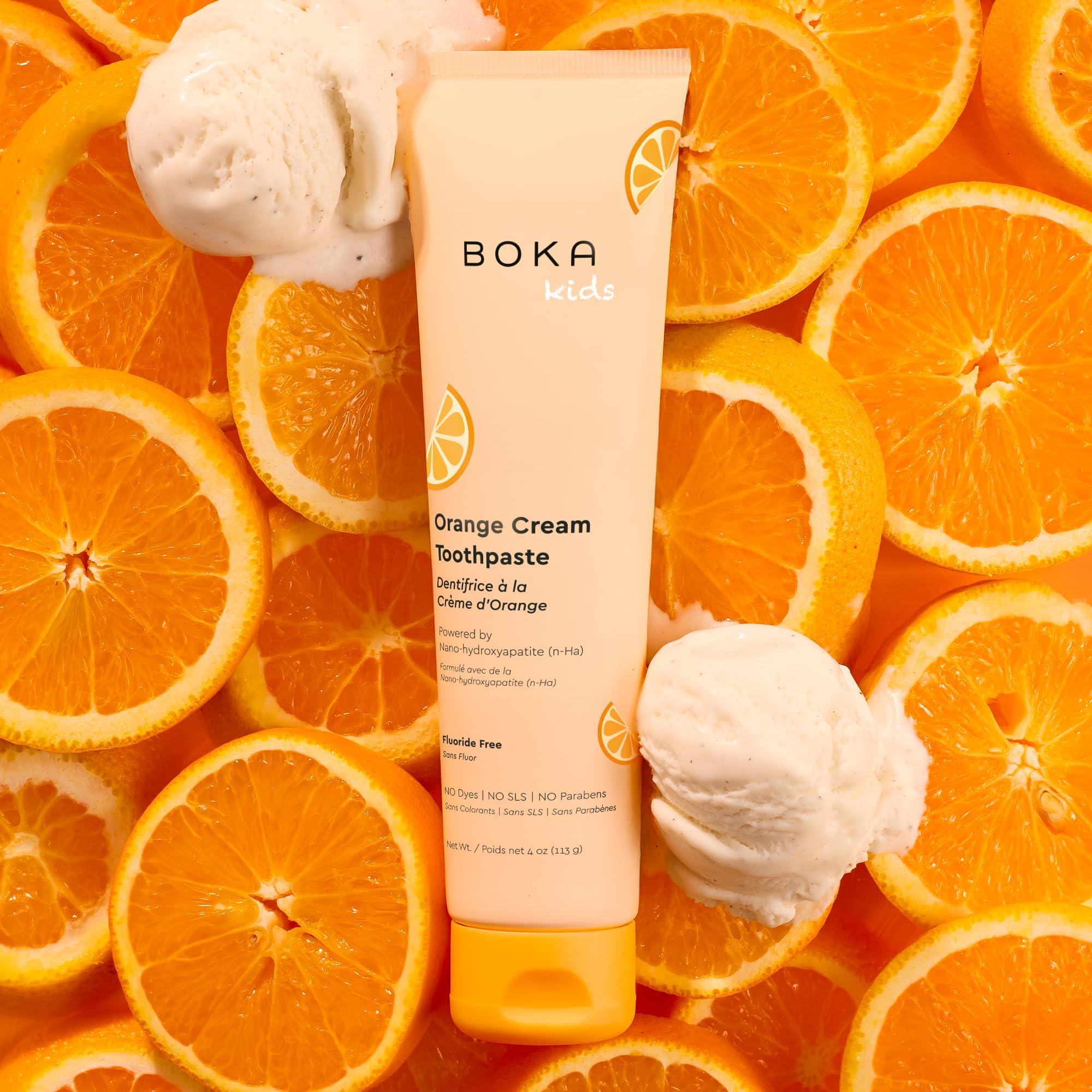 Boka Orange Cream 3-pack packaging showing fluoride-free claim