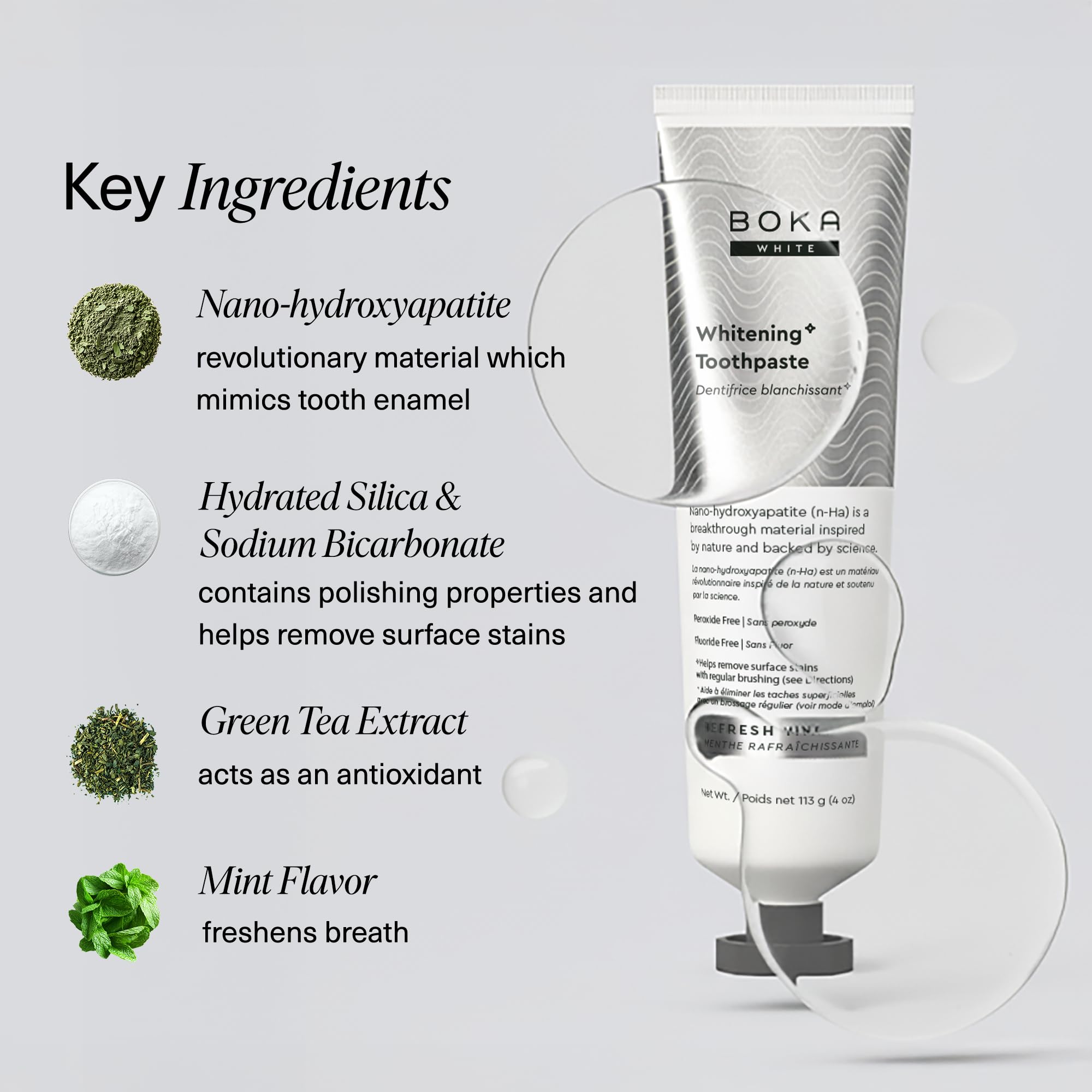 Toothpaste ingredients: aloe vera, xylitol, green tea, and mint