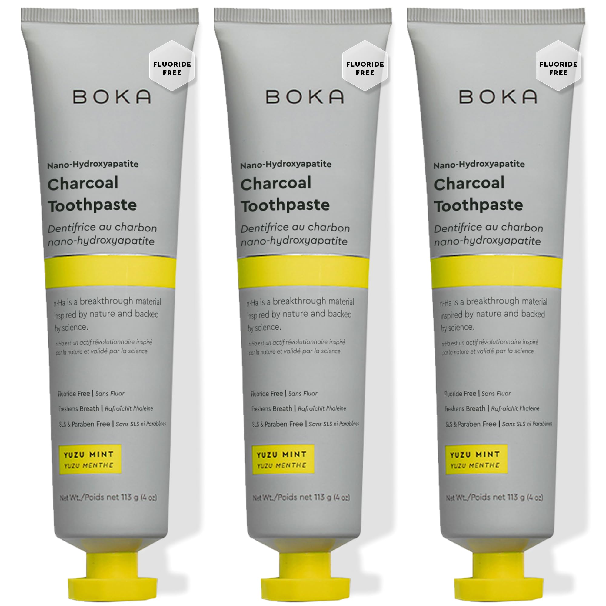 Boka fluoride-free toothpaste 3-pack with nano-hydroxyapatite and Charcoal Yuzu Mint, 4 oz each