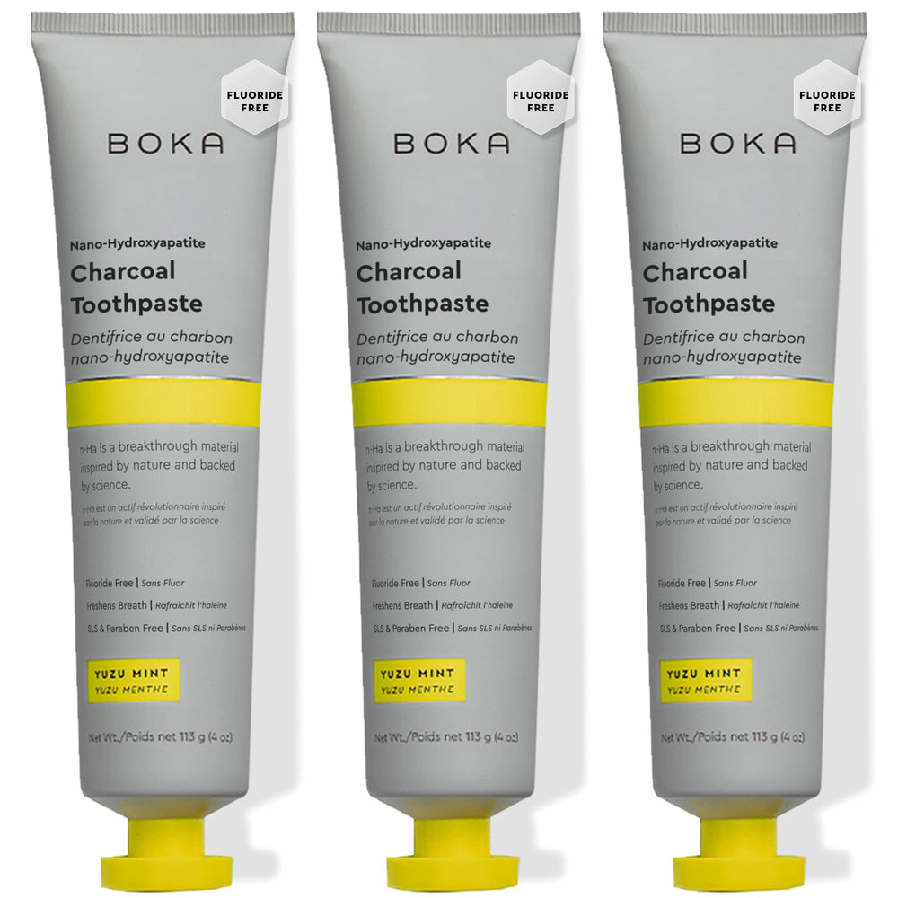 Boka fluoride-free toothpaste 3-pack with nano-hydroxyapatite and Charcoal Yuzu Mint, 4 oz each