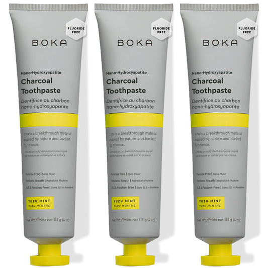 Boka fluoride-free toothpaste 3-pack with nano-hydroxyapatite and Charcoal Yuzu Mint, 4 oz each