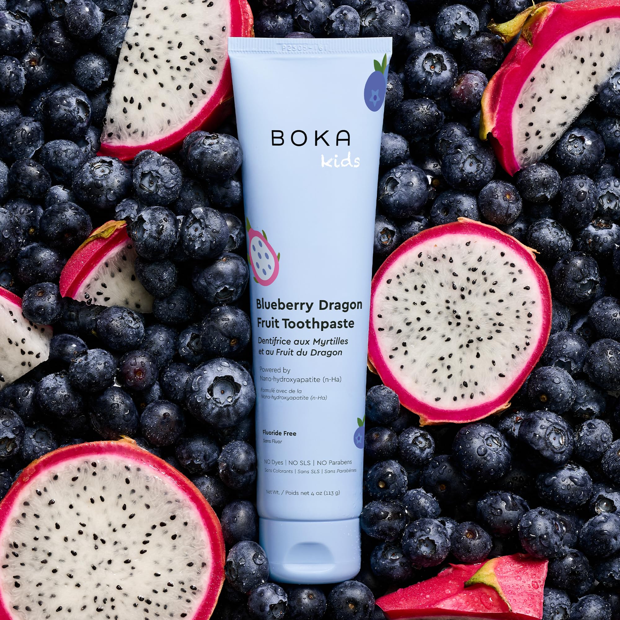 Front of Boka toothpaste tube highlighting nano hydroxyapatite and Blueberry Dragon Fruit flavor, 4 oz
